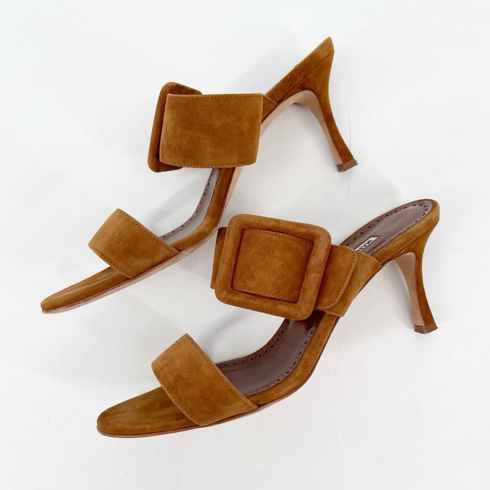 Manolo Blahnik Gable Camel Brown Suede Buckle Open Toe Stiletto Mules IT 39 - Picture 4 of 10